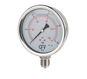Pressure gauge Ø 100 with glycerine, bottom connection, BSP thread 1/2