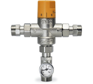 Vertical thermostatic mixing valve with thermometer