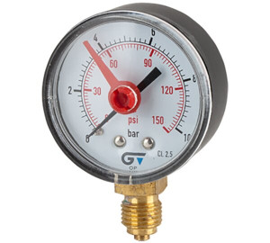 Pressure gauge Ø 53 red indicator, bottom outlet