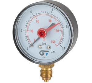 Pressure gauge Ø 63, red indicator, bottom outlet