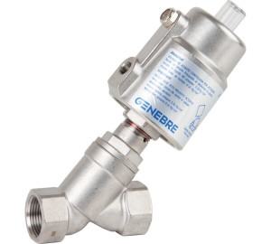 Angle seat valve with spring return actuator