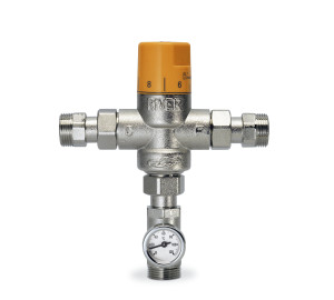 Vertical thermostatic mixing valve with thermometer