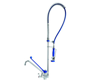 High pre-rinse column with single lever sink mixer and medical lever