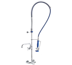 High pre-rinse column with single lever wall sink mixer and spout