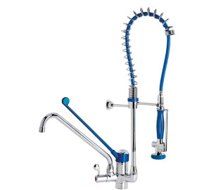 Pre-rinse column with single lever sink mixer and medical lever