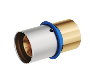 Press fitting for pex and multilayer pipe with sockets, copper welding end.