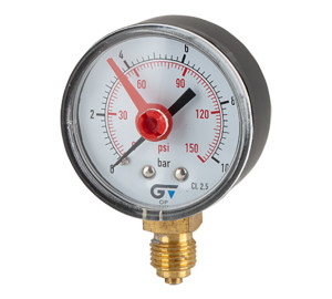 Pressure gauge Ø 53, red index, bottom connection