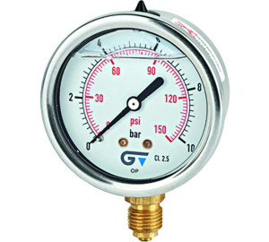 Pressure gauge Ø 63 with glycerine, bottom connection, NPT thread 1/4"