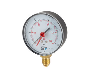 Pressure gauge Ø 80 mm, red indicator, bottom outlet, BSP thread 3/8".